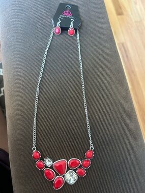paparazzi Red and Silver Bib Necklace with Matching Earrings